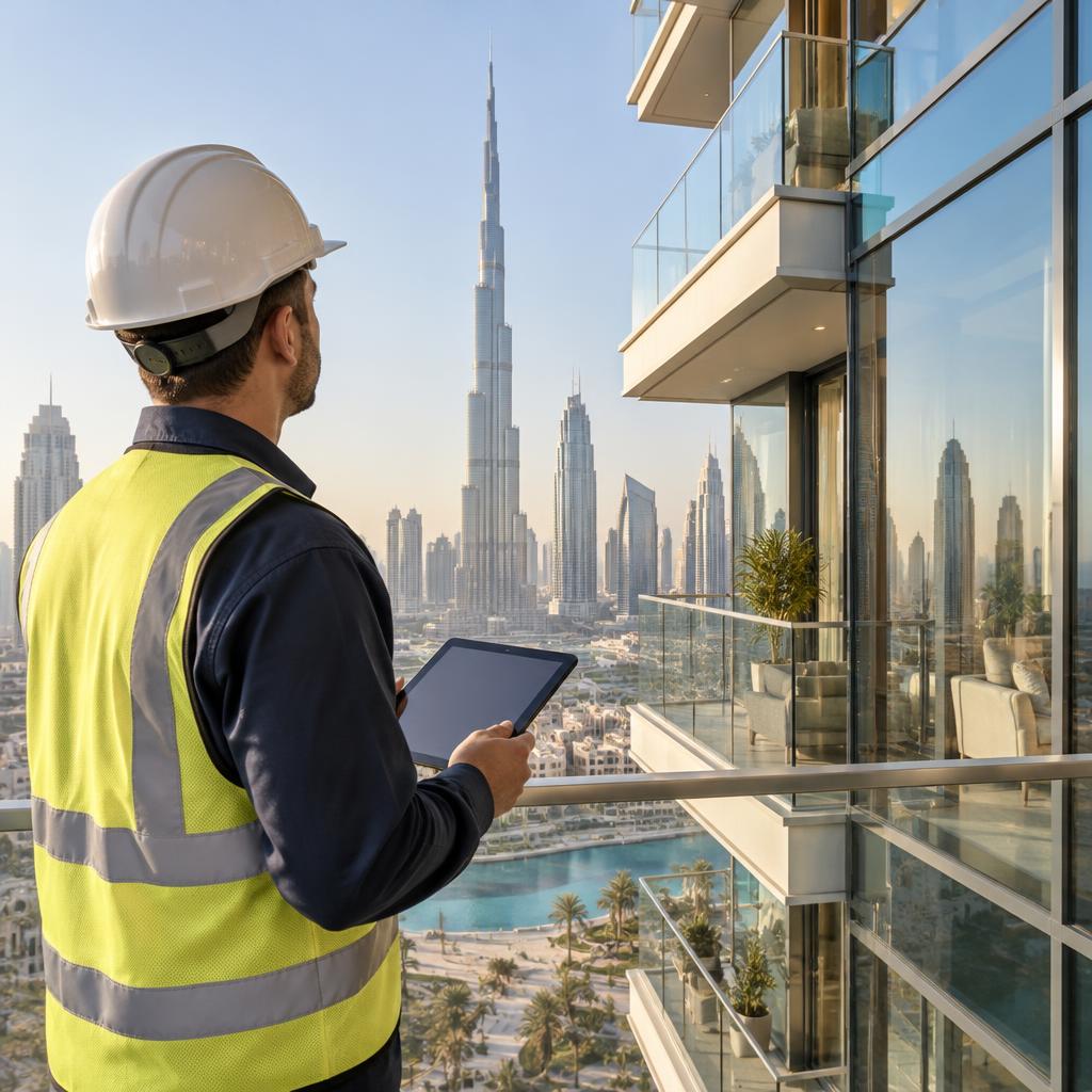 Illustration of a property inspection engineer assessing a Dubai balcony