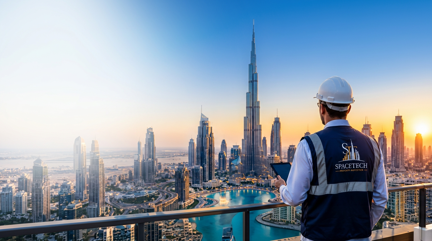 Engineer viewed from behind wearing a Spacetech branded vest overlooking Dubai at sunset