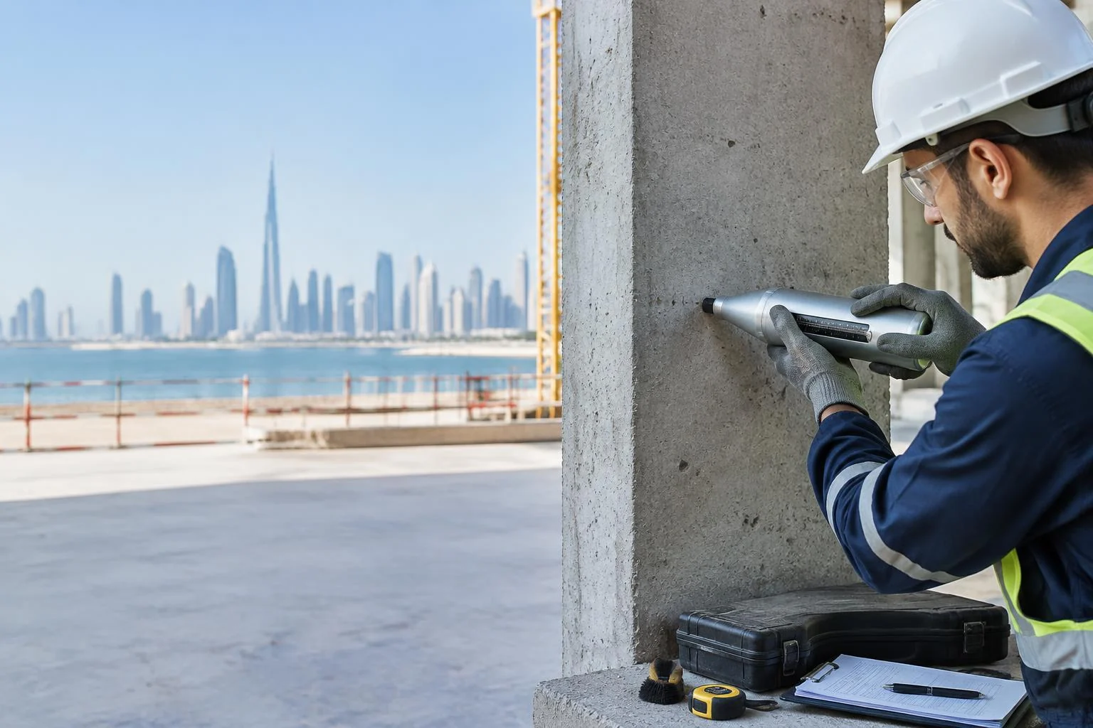 Illustrative engineer assessing a concrete column